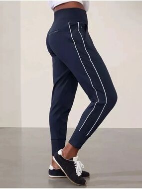 Athleta Venice track stripe Navy Joggers with White Piping